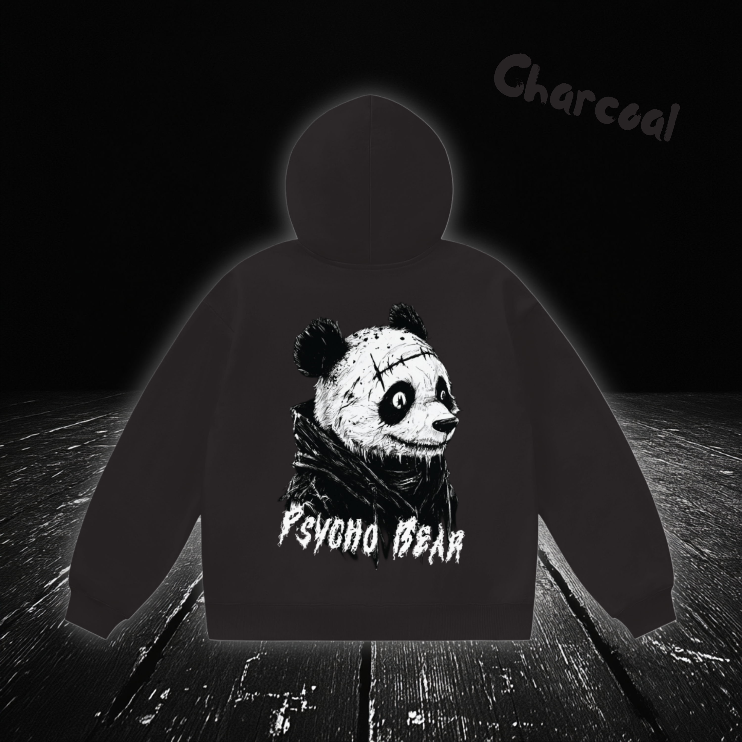 dark,shadow,hoodie,goth, charcoal, Pshyco Panda Bear, back view