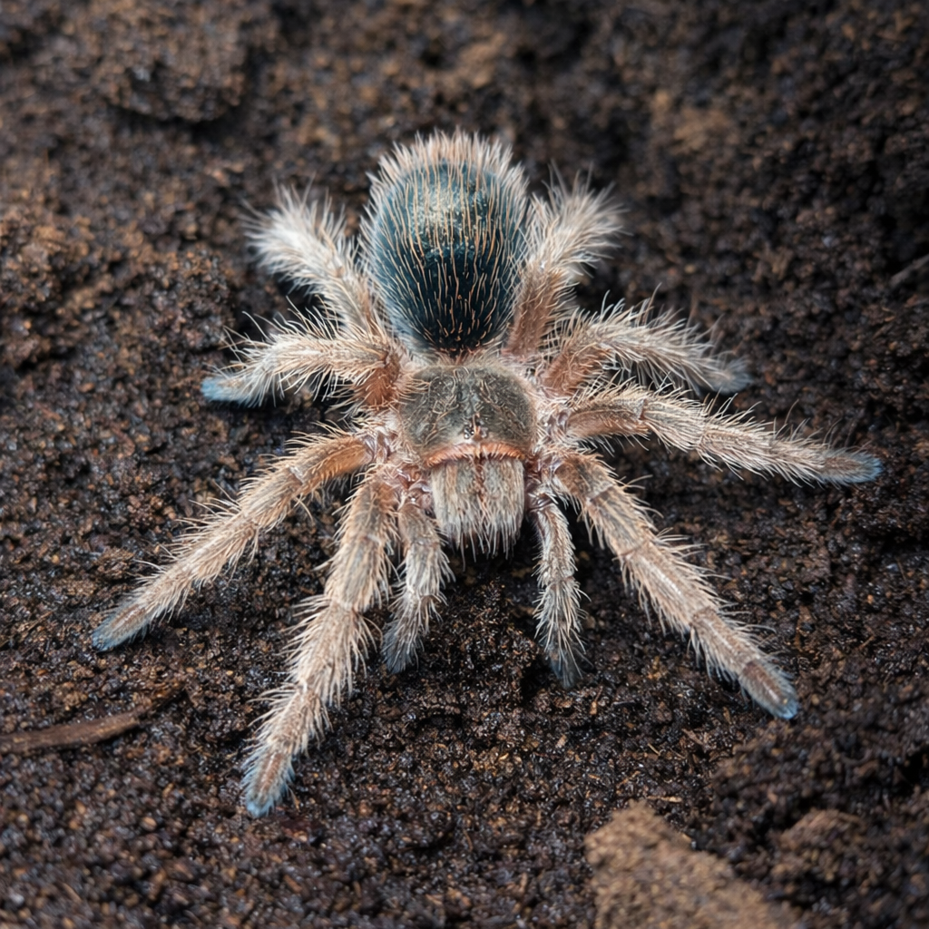 Close-up of a Chilean Rose Hair tarantula on dark brown soil
