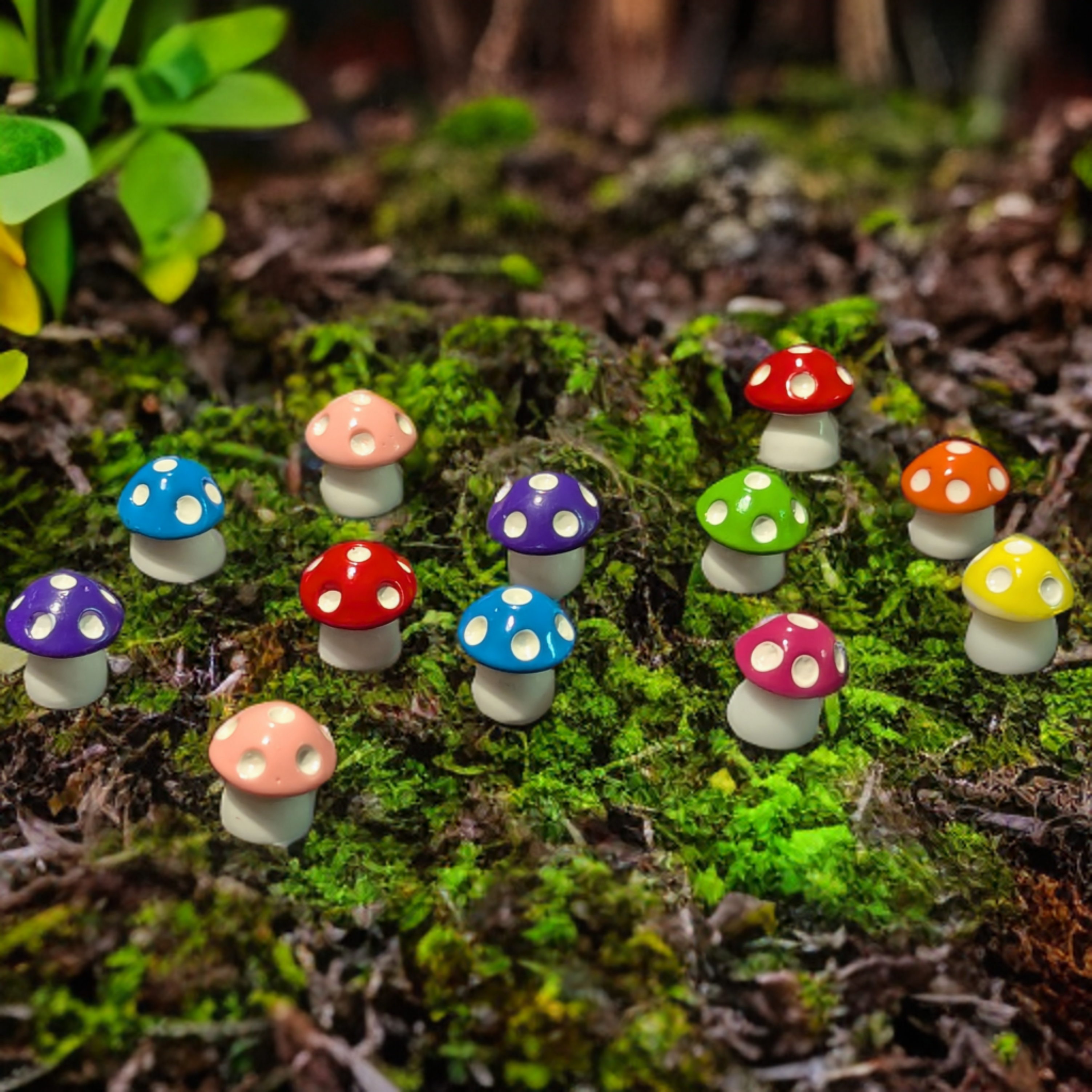 mushrooms, miniature, multicolor, resin, plastic