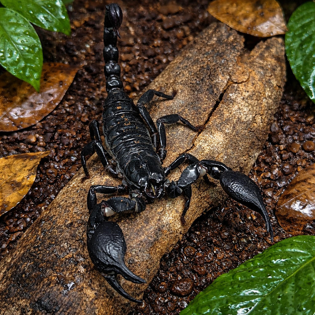 Asian Forest Scopion on a wet jungle floor 