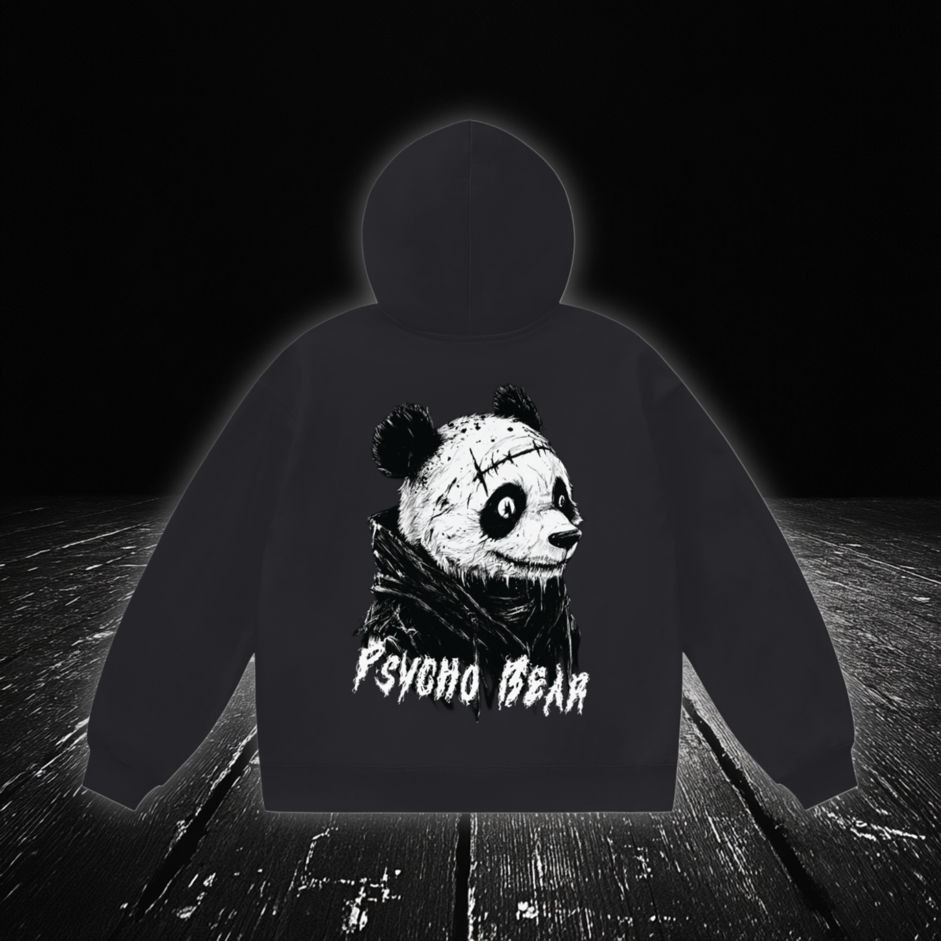 dark,shadow,hoodie,goth, Black, Pshyco Panda Bear, back view