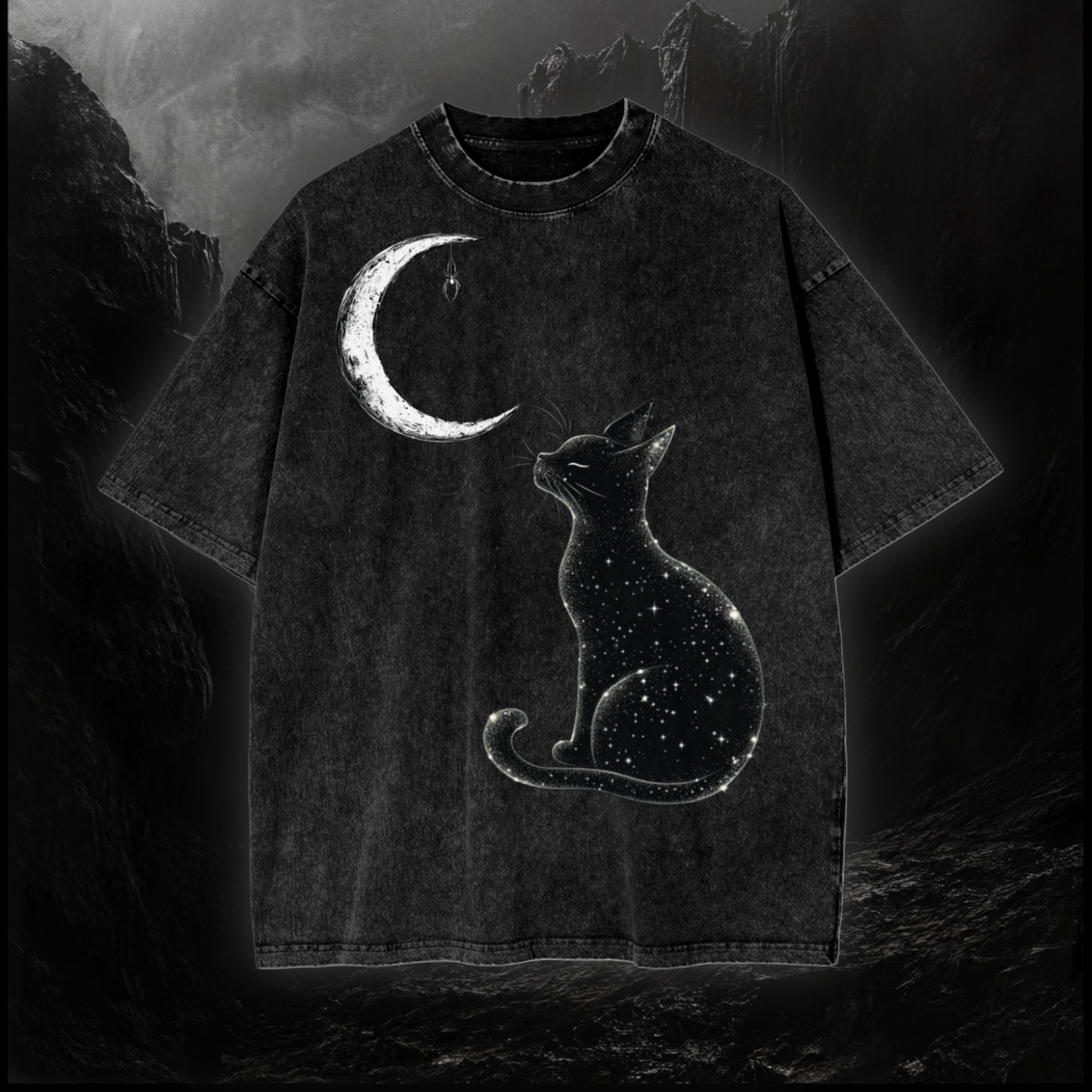 goth, galaxy, cat, black widow, crescent moon, T-Shirt, Front View