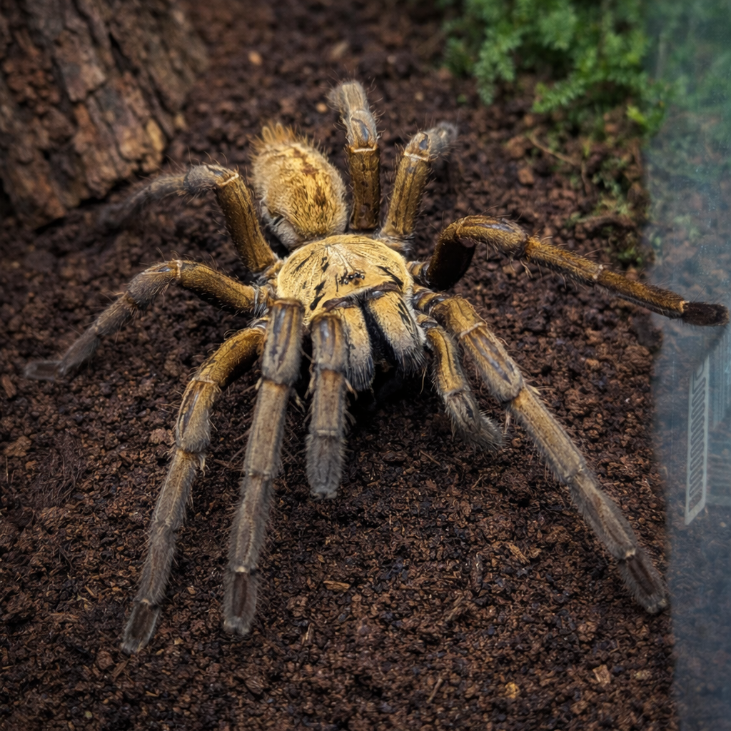 Nhen Dep Tarantula on a wet substrate background