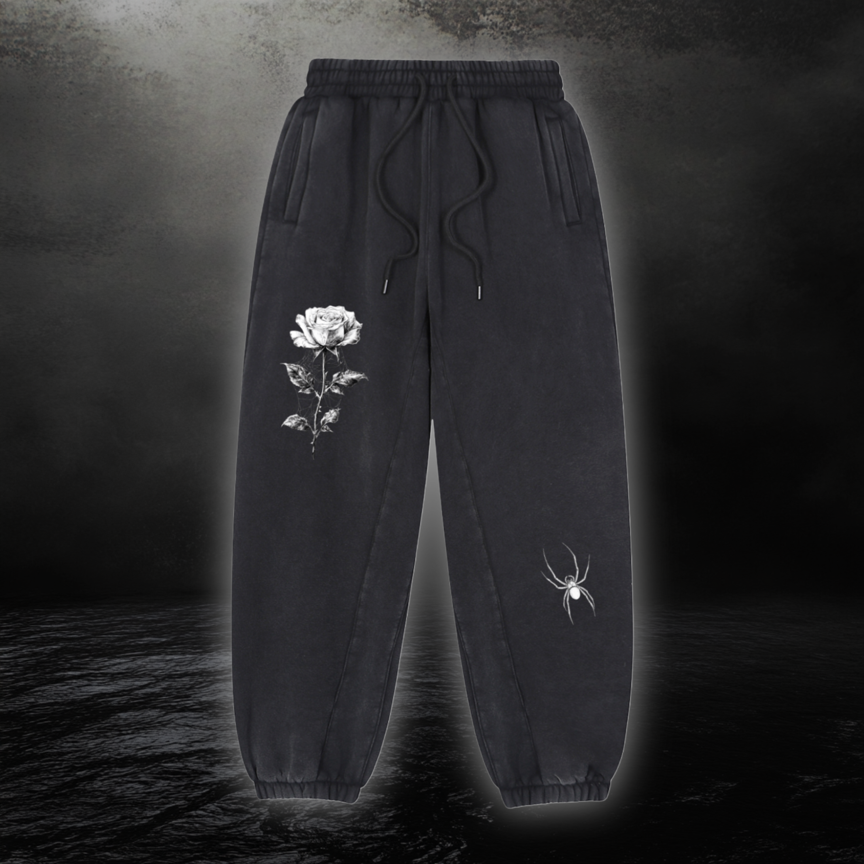 Spider Web Rose, Black Widow Design, Sweatpants, Goth, Front View