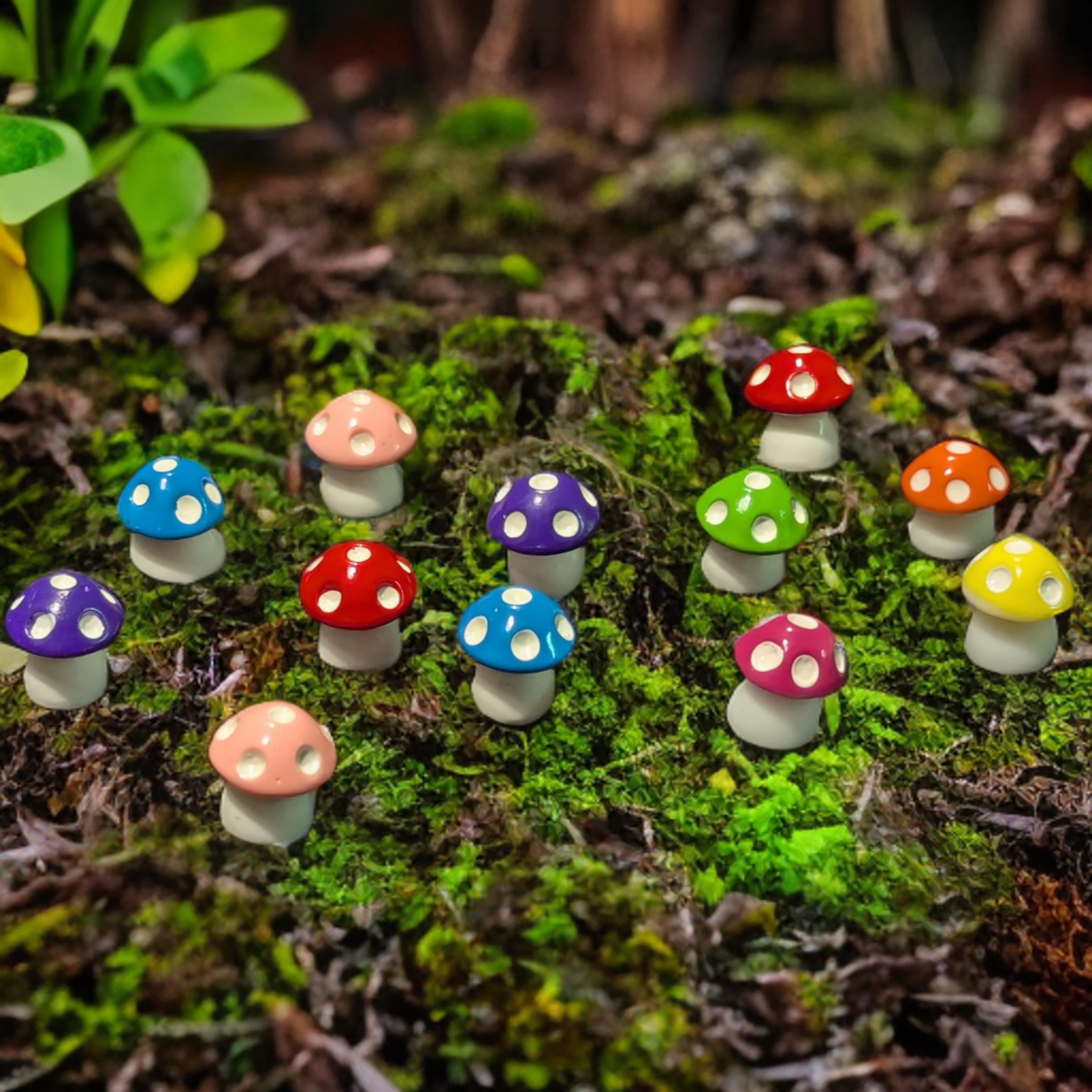 mushrooms, miniature, multicolor, resin, plastic 