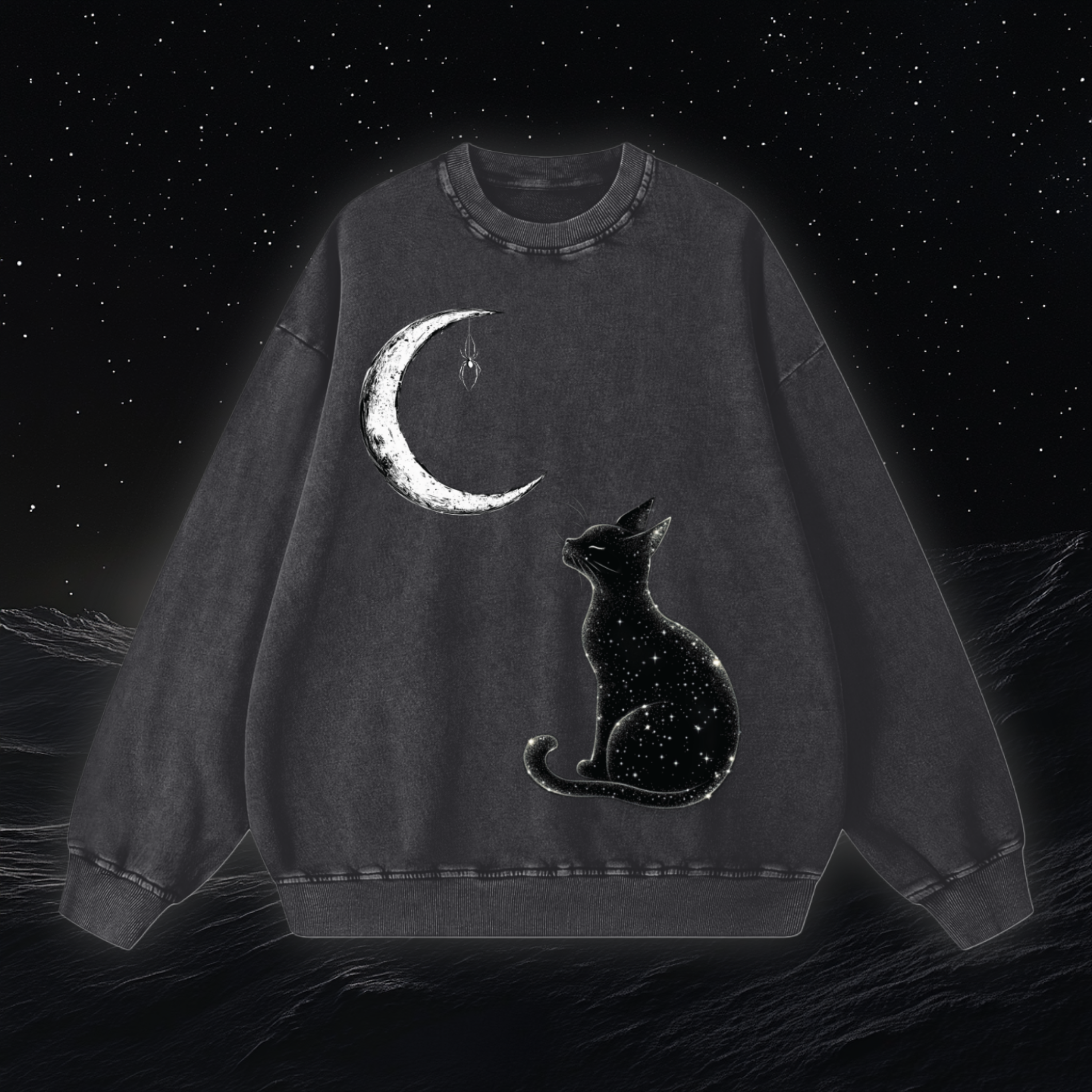 The Crescent Cat Acid Wash Sweater Front, Goth Design